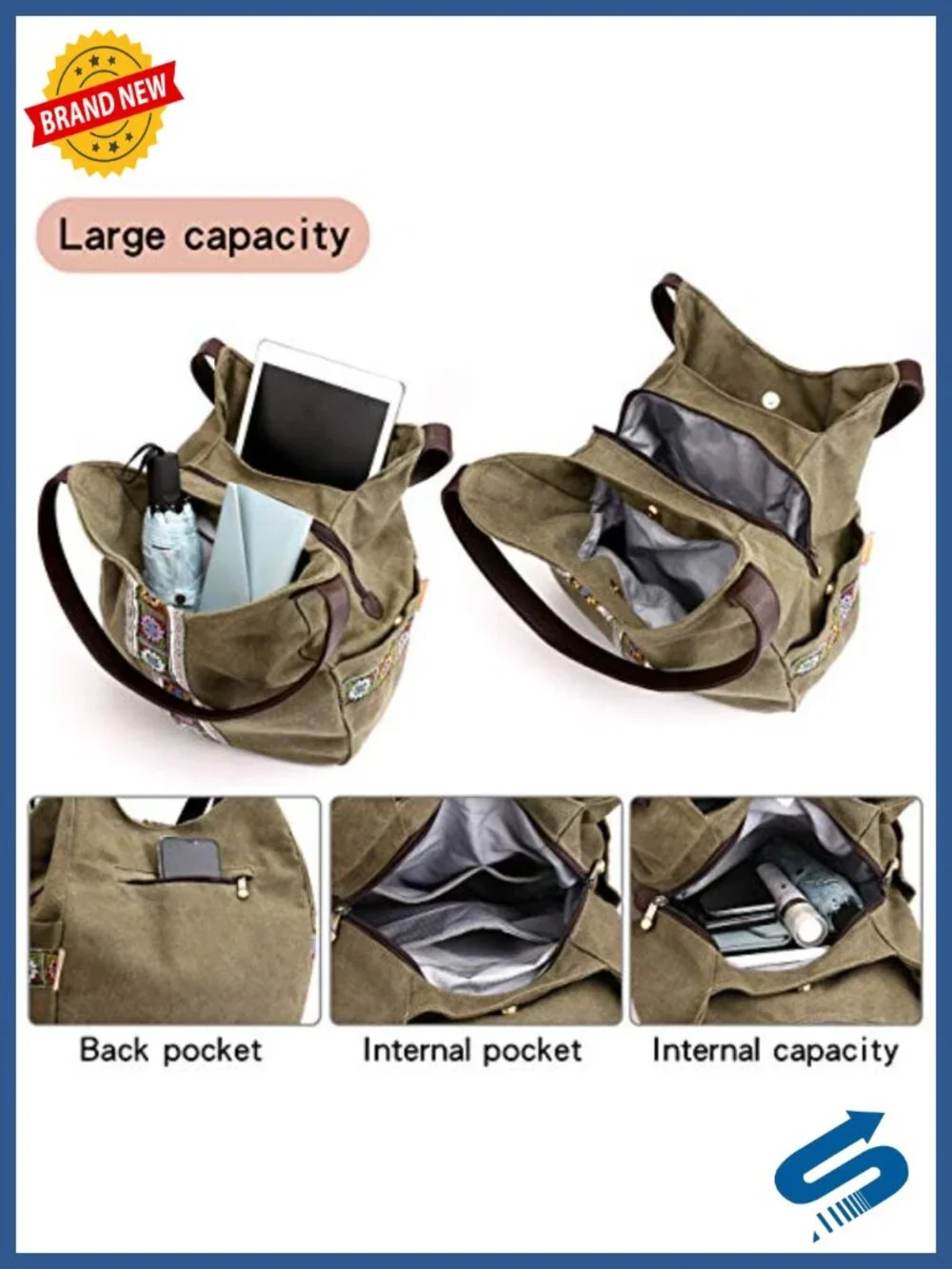 Women Canvas Hobo Purse Multi Pocket Tote Shoulder Bag Embroidered Ethnic Top
